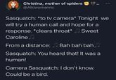 Christina, mother of spiders @Aikiwomannc Sasquatch: *to tv camera* Tonight we will try a human call and hope for a response. *clears throat* Sweet Caroline From a distance: Bah bah bah. Sasquatch: You heard that! It was a human! Camera Sasquatch: I don't know. Could be a bird.