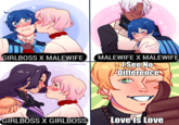 GIRLBOSS X MALEWIFE MALEWIFE X MALEWIFE Potatoodles Difference GIRLBÖSS X GIRLBOSS Love Is Love Hair Head Cartoon Hairstyle Eye Facial expression Mouth Sharing Organ Human Happy Organism Art Gesture Font Interaction Black hair Social group Line People Friendship Youth