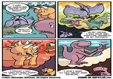 I HAD AN AWESOME DREAM LAST NIGHT! REALLY? US TOO! IN MY DREAM. I WAS HUGE AND EVERYONE TREMBLED IN MY PRESENCE! ATH SNAP! I DREAMT I HAD TEN TIMES AS MANY HORNS! IT WAS SO COOL! I DON'T WANT TO TALK ABOUT MINE ANYMORE... ©2021 Alexander Hoffman. All Rights Reserved. DAWN OF REPTILES.com Cartoon Facial expression Organ Human Organism Gesture Font Happy Art Adaptation Comic book