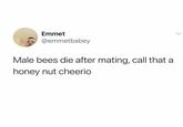 Emmet @emmetbabey Male bees die after mating, call that a honey nut cheerio