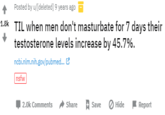 Posted by u/[deleted] 9 years ago 1.8k TIL when men don't masturbate for 7 days their testosterone levels increase by 45.7%. ncbi.nlm.nih.gov/pubmed. 2 nsfw 2.0k Comments Share Save Hide Report