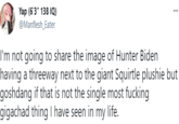 Yap (6'3" 138 IQ) @Manflesh_Eater ... I'm not going to share the image of Hunter Biden having a threeway next to the giant Squirtle plushie but goshdang if that is not the single most f------ gigachad thing I have seen in my life.