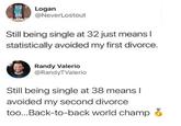 Logan @NeverLostout Still being single at 32 just means I statistically avoided my first divorce. Randy Valerio @RandyTValerio Still being single at 38 means I avoided my second divorce too...Back-to-back world champ
