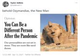 Taylor Adkins @tadkins613 behold Ozymandias, the New Man Opinion You Can Be a Different Person After the Pandemic Our personalities are not set in stone. They are more like sand dunes. 12:22 AM · Apr 13, 2021 · Twitter for iPhone