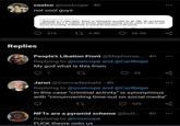 costco @costcope 4h not cool guys * Minecraft is a video game. Based on information provided by the FBI, the government understands that it is common for persons discussing criminal activity online to refer to such activity as occurring "in Minecraft" to conceal the true nature of the activity. 216 27 3.8K 26.3K Replies People's Libation Front @Mephistae. · 4h ... Replying to @costcope and @CarlBeijer My god what is this from 45 Jaron @Comradephate · 4h Replying to @costcope and @CarlBeijer in this case "criminal activity" is synonymous with "circumventing time-out on social media" 588 NFTS are a pyramid scheme @butt. 4h ... Replying to @costcope F--- theyre onto us