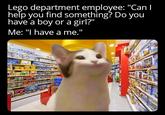 Lego department employee: "Can I help you find something? Do you have a boy or a girl?" Me: "I have a me." 000889