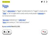 y f > TOP DEFINITION Ngga "Ngga" is abbreviation for "Nggak" and abbreviation for "Enggak" is simple use for "Tidak" or "No" in English which usually used by mostly people in Indonesia for non-formal conversation "Saya ngga melakukannya" | "I didn't do it" "Ngga pakai sambel ya"| "Don't add sauce please" by saus-sambel March 10, 2021 63 FLAG