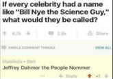 If every celebrity had a name like "Bill Nye the Science Guy," what would they be called? 8.7k 2.5k i Share SINGLE COMMENT THREAD VIEW ALL khosikulu • 59m Jeffrey Dahmer the People Nommer Reply 1 +1
