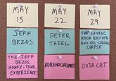 MAY MAY MAY 15 22 29 JEFF THE LIVING KOCH BROTHER AND HIS SIBLING CORPSE PETER BEZOS THIEL THE JEFF BEZOS H-----TONK EX PERIENCE ADRENOCHROMEO DOJA CAT