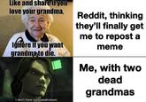 Like and share if you love your grandma, Reddit, thinking they'll finally get me to repost a Igíore if you want grandmato die. meme Me, with two dead grandmas I don't have such weaknesses
