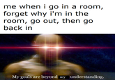 me when i go in a room, forget why i'm in the room, go out, then go back in My goals are beyond my understanding.