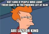 NOT SURE IF PEOPLE WHO LEAVE THEIR CARTS IN THE PARKING LOT AT ALDI ARE LAZY OR KIND