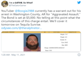 I'm a GATOR, So What? @TheGatorGamer YouTuber @Boogie2988 currently has a warrant out for his arrest in Washington County, AR for "Aggravated Assault." The Bond is set at $5,000. No telling at this point what the circumstances of this charge entail. We'll cover it tomorrow on Tequila Sunrise. odysee.com/@theralphretor... WILLIAMS, STEVEN 46 05/07/2021 1046-F-21-05 Height: 5'10" Weight: 450 Gender: M Eyes: HAZ Hair. BRN Charge: AGGRAVATED ASSAULT Bond: 5000 1:28 AM - May 11, 2021