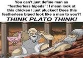 mad man Diogenes burning Plato | /r/memes You can't just define man as "featherless bipeds"! I mean look at this chicken I just plucked! Does this featherless biped look like a man to you?! THINK PLATO THINK! @IfotoftheEast