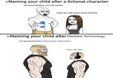 >Naming your child after a fictional character Hey there Khaleesi, how was school? I hate you with every ounce of being MN MMOM >Naming your child after Blazblue Terminology I'm so proud of you, Phenomena Intervention I love you dad