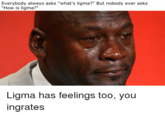 Everybody always asks "what's ligma?" But nobody ever asks "How is ligma?" Ligma has feelings too, you ingrates