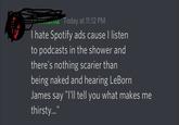 u Today at 11:12 PM T hate Spotify ads cause I listen to podcasts in the shower and there's nothing scarier than being naked and hearing LeBorn James say "I'Il tell you what makes me thirsty.."