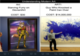 Per the artist:

"This is the essential core of all modern art.
If you're an artist on DeviantArt, you are not actually a real artist when you sell your 50+ hour furry commission. The world considers the real artist to be some rando who draws a line on a blank canvas in a drunken stupor. "