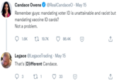 Candace Owens @RealCandaceO - May 15 Remember guys: mandating voter ID is unattainable and racist but mandating vaccine ID cards? Not a problem. 1.6K 27 19.7K 86.4K Legace @LegaceTrading · May 15 That's (D)ifferent Candace. 27 1 3 33 D