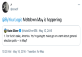 ... @oxwof @ByYourLogic Meltdown May is happening Nate Silver @NateSilver538 · May 10, 2016 1. For f---'s sake, America. You're going to make go on a rant about general election polls -- in May? 10:20 AM · May 10, 2016 · Tweetbot for Mac
