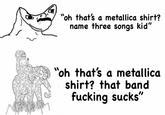"oh that's a metallica shirt? name three songs kid" "oh that's a metallica shirt? that band f------ sucks"