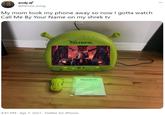 andy 2 @tarons_song ... My mom took my phone away so now I gotta watch Call Me By Your Name on my shrek tv SHREK SHREK 9:41 PM · Apr 7, 2021 · Twitter for iPhone