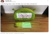 bucket ... @buckettheworld watching the rain 51db mv on the shrek tv SHREK SHREK Md 9:56 AM · Apr 14, 2021 · Twitter for iPhone