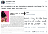 Sturgeon's Law @Sturgeons_Law WYPI It's incredible how apt, but also prophetic the Goop On Ya Grinch tweet was. Just read this. nick Cardi B: "WAP" [ft. Megai Stallion] @JucheMane Cardi B and Megan Thee Stallion rapped such a richt "WAP" that it earned a face-breaking 93 million strea :hfork: King PU$$Y Eate ception of bodies and : Sop on Ya Grinch" [7.6] immediately went No. 1. This wasn't a mere lyrical dc women in their career prime overpowering pop with to the very specific frequency of certain pandemic ur that exists as a trend and future monument. Of the m describe their duet-dirty, vulgar, nasty, explicit-no close to capturing the attitude of the acronym itself. assic, "W----- in This House," Cardi and Megan forgo euphemisms entirely ("I wanna ga vor of women expressing full-bodied lust. Megan presumably stands before an appellate Honor, I'm a freak bitch," while a Cardi verse somehow tributes the unsung uvula amid a ¡ AM · Apr 14, 2017 · Twitter Web C metaphors. ively absent of shame that it's now positioned alongside similar anthems by the likes of k hant as it is unreachable: consider that, in a year of fairly learnable TikTok challenges, th n from a floor-hump to a windmill split. It's a feat that the song exists at all, encapsulatin leading both the statistics and conscience of rap, and even forced conservative talking t Retweets 524 Quote Tweets 2 power of the word "p----." -Clover Hope