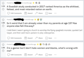 Posted by 10 months ago 3.3k A Swedish study conducted in 2017 ranked America as the s--------, fattest, and most retarded nation on earth. 140 Comments Award Share A Save ... Posted by 9 months ago 2.8k Is it weird that I am already wiser than my parents at age 15? Has anyone else felt this way? I told them I wasn't going to church to worship the flying spaghetti monster, quoted Carl Sagan, and then went back upstairs to play videogames. 104 Comments Award Share Save ... Posted by 12 months ago 2.8k I'm a gamer but I don't hate women and blacks, what's wrong with me? Q 100 Comments Award Share Save