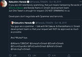 @Harada_TEKKEN · Oct 18, 2019 If you are still relentlessly spamming, that just means hampering the work of @Sora_Sakurai and Bandai Namco's Smash development team. Just One Tweet is enough for request. DO NOT SPAMMING to us. Katsuhiro Harada Developers don't negotiate with Spammer and terrorists. Katsuhiro Harada You guys are a spammer. I talk with Mr.Sakurai & BandaiNamco's Smash development team so that your request will NOT be approved as much as possible. @Harada_TEKKEN · Oct 18, 2019 And "Muted* bye. @Alberto72892547 @JonesyForSmash @SoraforSmash @DoomSquidKid @PutCrashlnSmash @ArleForSmash @HaloGuyForSmash 235 17 2.5K 8.7K