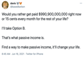 davis ... @basedkarbon Would you rather get paid $990,900,000,000 right now or 15 cents every month for the rest of your life? I'll take Option B. That's what passive income is. Find a way to make passive income, it'll change your life. 8:45 AM · Jun 16, 2021 · Twitter for iPhone