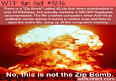 W-- fun fact #3246 There is a "Zip Bomb" called 42.zip that when downloaded is only 42 Kilobytes, but actually contains 4,500,000 Gigabytes uncompressed. The file crashes computers when Anti-Virus software comes across it during a routine scan and tries to open the entire file, using up all the computer's memory. No, this is not the Zip Bomb. wtffunfact.com