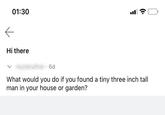 01:30 Hi there 6d What would you do if you found a tiny three inch tall man in your house or garden?