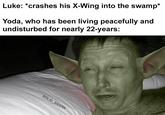 Yoda, who has been living peacefully and undisturbed for nearly 22-years: Luke: *crashes his X-Wing into the swamp* SOLID SNARK
