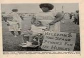BILLIONS FOR SPACE PENNIES FOR THE HUNGRY wth sign "billionz for apace, pennies for the hungry" Mrs. Mattie Gray, lame daughter Jackie, &, demonatrate at NASA site.