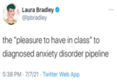 Laura Bradley @lpbradley ... the "pleasure to have in class" to diagnosed anxiety disorder pipeline 5:38 PM · 7/7/21 · Twitter Web App