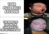 YOUR PIZZA ROLLS ARE DONE YOU DROP THE TRAYONTHE FLOOR NEXT TO THE CAT LITTER BOX Kegtip semator
