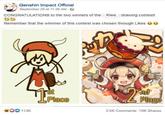 Genshin Impact Official September 26 at 11:36 AM O CONGRATULATIONS to the two winners of the Klee drawing contest! Remember that the winnner of this contest was chosen through Likes Place Place 113K 3.5K Comments 18K Shares