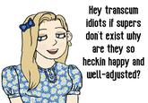 "Hey transcum idiots if supers don't exist why are they so heckin happy and well-adjusted?"

A parody based on the "SuperStraight" meme of heterosexuals who explicitly opt for cis-gendered members of the opposite sex only.