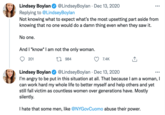 @LindseyBoylan · Dec 13, 2020 Lindsey Boylan Replying to @LindseyBoylan Not knowing what to expect what's the most upsetting part aside from knowing that no one would do a damn thing even when they saw it. •.. No one. And I *know* I am not the only woman. 201 27 984 7.4K Lindsey Boylan I'm angry to be put in this situation at all. That because I am a woman, I can work hard my whole life to better myself and help others and yet still fall victim as countless women over generations have. Mostly silently. @LindseyBoylan · Dec 13, 2020 ... I hate that some men, like @NYGovCuomo abuse their power.