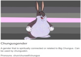 Chungusgender A gender that is spiritually connected or related to Big Chungus. Can be used by chunguskin. Pronouns: chun/chunself/chungus