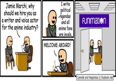 I write Jamie Marchi, why should we hire you as a writer and voice actor for the anime industry? political agendas and all anime fans are incels. FUnimation WELCOME ABOARD! Cyanide and Happiness © Explosm.net