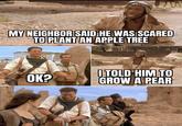 Apple Tree MY NEIGHBOR SAID HE WAS SCARED TO PLANT AN APPLE TREE OK? I TOLD HIM TO GROW A PEAR