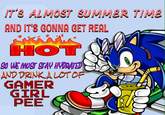SONIC: IT'S ALMOST SUMMER TIME AND IT'S GONNA GET REAL HOT, SO WE MUST STAY HYDRATED AND DRINK A LOT OF GAMER GIRL PEE IT'S ALMOST SUMMER TIME AND IT'S GONNA GET REAL HOT So WE MUST STAY HYDRATED AND DRINK A LOT OF GAMER GIRL PEE