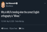Zach Weinersmith O •.. @ZachWeiner Why is MILFS trending when the correct English orthography is "Milves." 11:31 AM · May 10, 2020 · Twitter Web App 45 Retweets 1 Quote Tweet 384 Likes