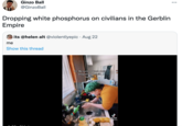 Ginzo Ball •.. @GinzoBall Dropping white phosphorus on civilians in the Gerblin Empire its @helen alt @violentlyepic · Aug 22 me Show this thread Cc: Be sure to wash your disgusting gerblin hands! YO Tik Tok @ cedartnebarefoot