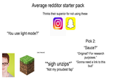 Average redditor starter pack Thinks their superior for not using these "You use light mode?" Pick 2: "Sauce?" (very insecure) "Original? For research purposes. "Gonna need a link to this **sigh unzips** "Not my proudest fap" bud"