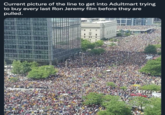 Current picture of the line to get into Adultmart trying to buy every last Ron Jeremy film before they are pulled. CA