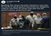 Los Angeles Times Los Angeles Times @latimes Breaking: Ron Jeremy has been indicted on more than 30 counts of sexual assault stemming from allegations made by more than 20 women that span the last quarter-century, prosecutors said. THERE Ron Jeremy indicted on 30 counts of sexual assault in Los Angeles The disgraced adult film icon faces sexual allegations spanning a quarter-century levied by more than 20 women. P latimes.com