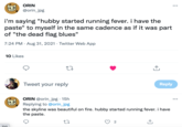 ORIN ... @orin_jpg i'm saying "hubby started running fever. i have the paste" to myself in the same cadence as if it was part of "the dead flag blues" 7:24 PM · Aug 31, 2021 · Twitter Web App 10 Likes Tweet your reply Reply ORIN @orin_jpg · 15h Replying to @orin_jpg the skyline was beautiful on fire. hubby started running fever. i have the paste. ... ipg